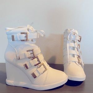 White with gold heeled boots